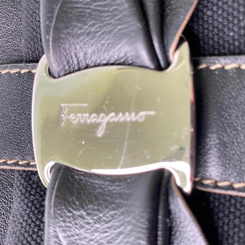 Salvatore Ferragamo Vara Ribbon Black‎ Canvas Leather Trimmed Tote Handbag Purse